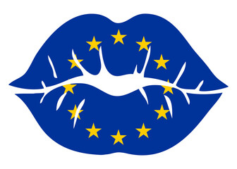 Wall Mural - Logo I love European Union. Silueta aislada de labios de mujer con los colores de la bandera de la Unión Europea