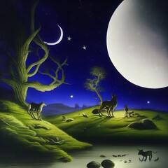 Canvas Print - Night Landscape with Fantasy Animals, Generative AI Illustration