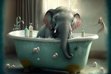 Little Elephant Takes A Bath, Bubbles, Fairy Tale, Magic, Magical Creatures, Shampoo, Spa, Vintage Bath, Nice Mint Color,humor,children's, Hygiene, Creative, Decor, Wildlife, Film, 3d Visualization.AI