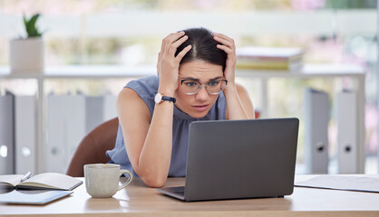 Stress, anxiety and woman with glitch on laptop in office frustrated, worry and confused from 404 error. Technology, cybersecurity and girl worker with digital hacker, spam and scam problem at desk