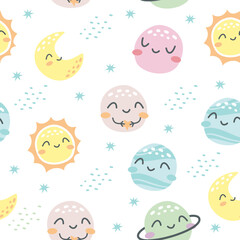 Wall Mural - Seamless vector pattern. Children's pattern for printing on products. Cute planets with smiling faces. 