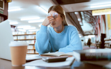 Poster - Woman student, fatigue with headache and university burnout, stress for paper deadline or study for exam in library. Campus, college and tired studying with scholarship problem and mental health pain