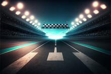 Racing Track Finish Line With Cheering Fans And Illuminated Floodlights, Generative AI