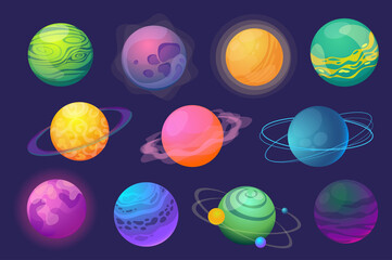 Aufkleber - Fantasy planets set graphic elements in flat design. Bundle of colourful abstract cosmic planets with orbits, holes, satellites and rings for fantastic galaxy. Illustration isolated objects