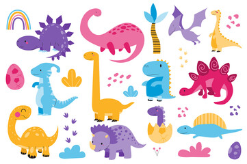 Aufkleber - Cute dinosaurs set graphic elements in flat design. Bundle of childish colorful triceratops, brontosaurus, stegosaurus, pterosaur, tyrannosaurus and other dinos. Illustration isolated objects