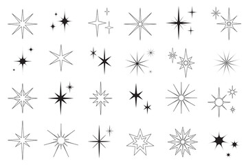 Aufkleber - Line stars set graphic elements in flat design. Bundle of minimalistic linear black symbols of starry night, falling star, firework in sky, Christmas decorations. Illustration isolated objects