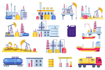 Aufkleber - Oil production plants set graphic elements in flat design. Bundle of processing and production petrol and gas machinery, drilling industrial pumps and refinery. Illustration isolated objects
