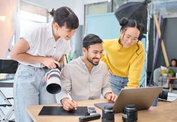 Poster - Photographer, collaboration and laptop with a designer team working on a photoshoot in the studio. Photography, teamwork or computer with a man and woman creative group for a post production edit