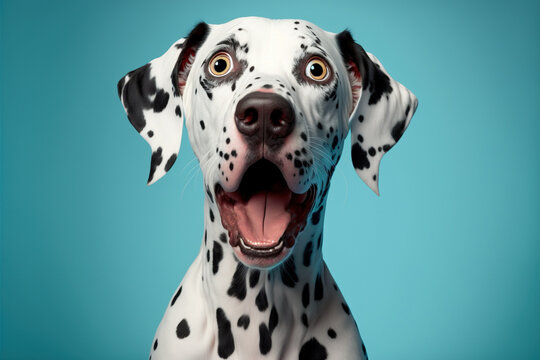 studio portrait of a dalmatian dog with a surprised face, concept of pet photography and dalmatian b