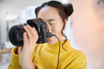 Sticker - photography, camera and woman in studio shooting creative memory picture, photoshoot or digital production. Lens focus, art creativity and young Japanese photographer girl working for artistic shot