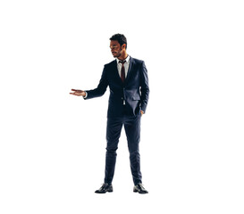 Wall Mural - Businessman holding out his palm on a transparent background