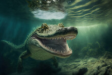 Crocodile Underwater With Mouth Open. Generative Ai