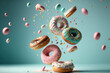 Flying donuts with sprinkle on blue background.Ai generative
