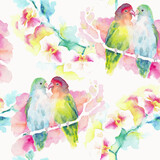 Fototapeta Motyle - Exotic Seamless pattern with Lovebirds and Magnolia. Cuddling parrots couple sitting on a branch. Romantic bird dialog. Realistic Illustration - watercolor graphic. Isolated on off-white background.