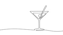One Line Continuous Cocktail Wine Glass Symbol Concept. Silhouette Of Alcoholic Drink Vermouth Olive. Digital White Single Line Sketch Drawing Vector Illustration