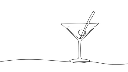 One line continuous cocktail wine glass symbol concept. Silhouette of alcoholic drink vermouth olive. Digital white single line sketch drawing vector illustration