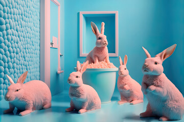 Wall Mural - Abstract creative Easter pastel blue and pink holiday concept, room full of painted pastel bunnies. The rabbit animal is a symbol of Easter. Illustration. Generative AI.