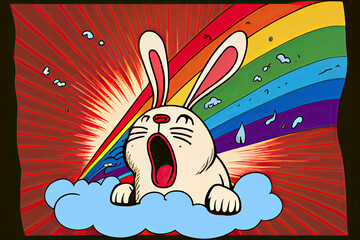 Wall Mural - cartoon of a bored rabbit yawning with a rainbow coming out of it's mouth