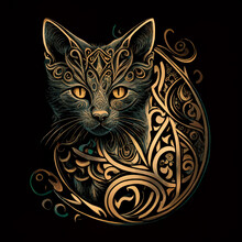Stylized Silhouette Of Cute Cat With Celtic Knot Ornament. Generative Ai.