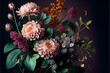 Bouquet of flowers peonies, roses, tulips, green leaves and fresh plants on a dark background, picturesque image, space for text, floral print, spring holiday flowers. Generative AI