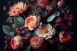 Bouquet of flowers peonies, roses, tulips, green leaves and fresh plants on a dark background, picturesque image, space for text, floral print. Generative AI