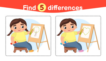 Wall Mural - Find differences.  Educational game for children. Cartoon vector illustration of cute girl draws at the easel.
