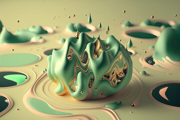 Wall Mural - Abstract fluid green background with interlaced 3d distortion effect. Futuristic liquid design. Retro futurism, web punk, rave techno neon colors. Generative AI.