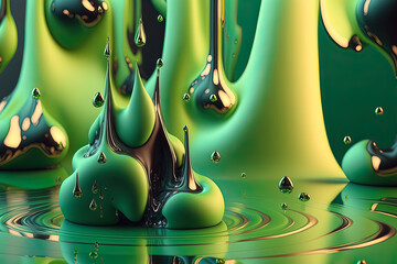 Wall Mural - Abstract fluid green background with interlaced 3d distortion effect. Futuristic liquid design. Retro futurism, web punk, rave techno neon colors. Generative AI.