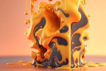 Wall Mural - Abstract fluid yellow background with interlaced 3d distortion effect. Futuristic liquid design. Retro futurism, web punk, rave techno neon colors. Generative AI.