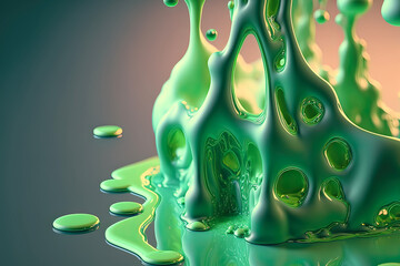 Wall Mural - Abstract fluid green background with interlaced 3d distortion effect. Futuristic liquid design. Retro futurism, web punk, rave techno neon colors. Generative AI.