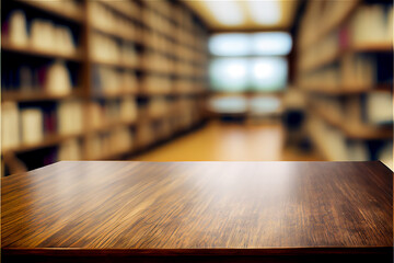 library background with an empty wooden table top and a blurry effect, generative AI