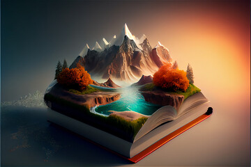 Open book generating a marvelous fantastic landscape, generative AI