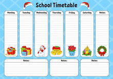 School Schedule. Timetable For Schoolboys. Empty Template. Weekly Planer With Notes. Cartoon Character. Vector Illustration.