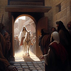 Biblical scene of Jesus entering Jerusalem. Generative AI