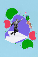 Poster - Vertical collage picture of excited mini black white gamma guy flying paper plane big arms hold cocktail glass isolated on painted background