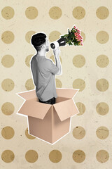 Vertical creative collage image of man standing carton box delivery holding megaphone loudspeaker bouquet 8 march flowers service courier