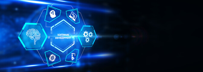 Inscription Software Development on the virtual display. Business, modern technology, internet and networking concept. 3d illustration