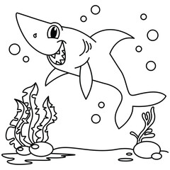 Wall Mural - Funny shark cartoon characters vector illustration. For kids coloring book.