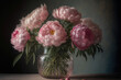 Bouquet of peonies in a glass vase. Generative AI