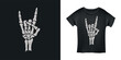 Skeleton hand rock gesture t-shirt design. Creative hand drawn rock related art. Vector vintage illustration.