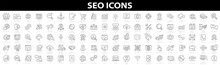 Seo 100 Icon Set. Search Engine Optimization. Business And Marketing, Traffic, Ranking, Optimization, Link And Keyword. Thin Line Web Icon Collection. Simple Vector Illustration.
