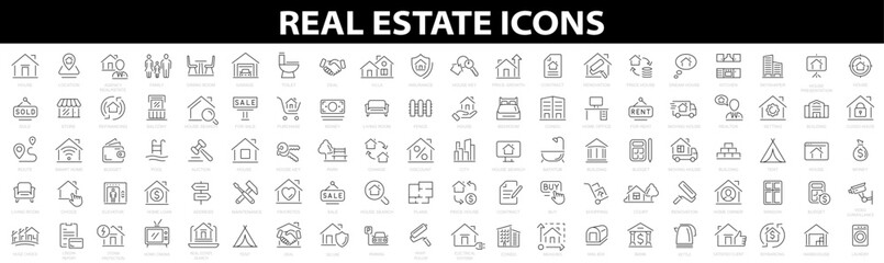 Real Estate 100 line icons. Big UI icon set. Included the icons as realty, property, mortgage, home and more. Thin outline icons pack. Vector illustration