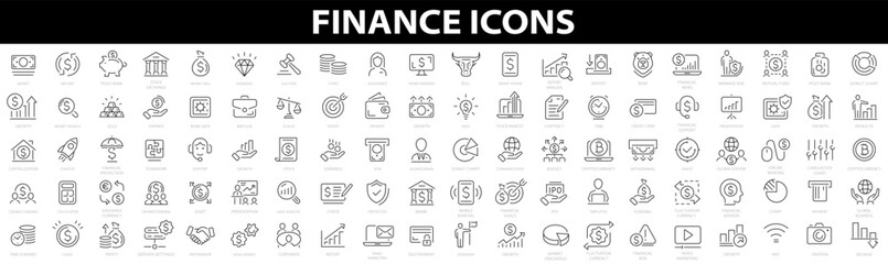 Wall Mural - Vector business and finance 100 icon set. Money, finance, payments, bank, check, law, auction, exchance, payment, wallet, deposit, piggy, calculator, web and more. Thin outline icons pack