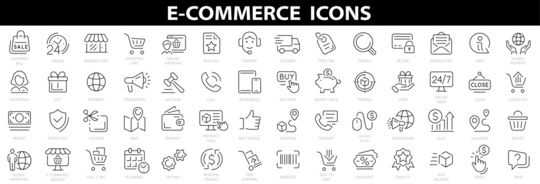 e-commerce icon set. editable stroke. online shopping and delivery elements. outline icons collectio