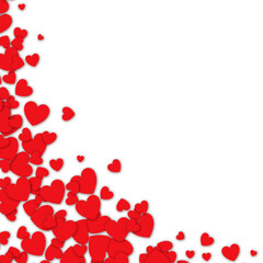 Wall Mural - Love valentine background with red petals of hearts on white background. Vector banner, postcard, background.The 14th of February. Vector EPS 10