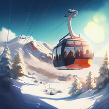 Ski Resort, Gondola Lift, Skiing Tourists, Snow, Sunny Weather, Winter Resort, Winter Sports, Ski Slopes, Ai Art, Ski Tourism