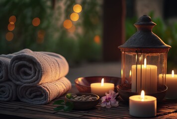 illustration of spa skin care product set decoration, towel candle, oil bottle, Generative Ai