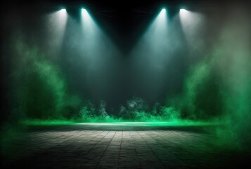 green spotlights shine on stage floor in dark room, idea for background, backdrop, mock up, generati