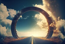 Long Straight Highway To Horizon , Stone Carve Gate, Way Pass, Idea For Ambition Go Strive On Your Way, Success Way,    Generative Ai