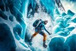 Ice climber ascend next to frozen waterfall with ice axes and other special climbing equipment extreme sport illustration